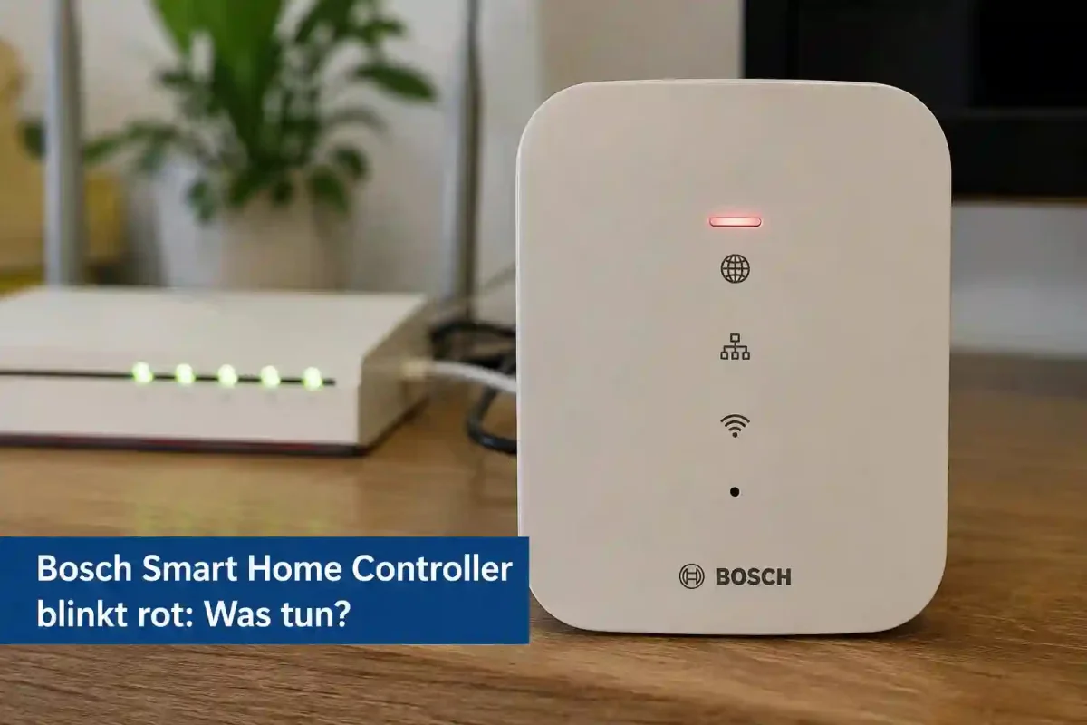 Bosch Smart Home Controller mit rot blinkender LED neben einem WLAN-Router