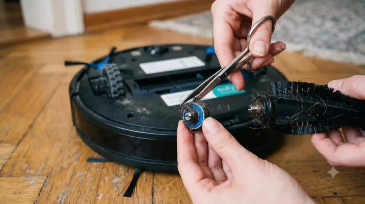 Nahaufnahme: Jemand schneidet mit einer kleinen Schere festgewickelte Haare vom Kugellager der Rollbürste ab, um das Problem zu beheben, wenn der Eufy RoboVac 4 mal piept.